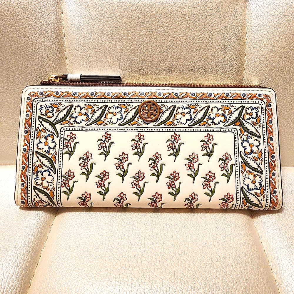 NWT ~Tory Burch Walker Printed Leather Slim Wallet Beige Flower Ditsy Border - Picture 1 of 16